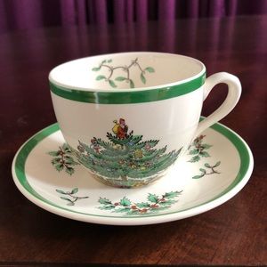 Set of Five Spode Christmas Tree Design Flat Cups & Saucers